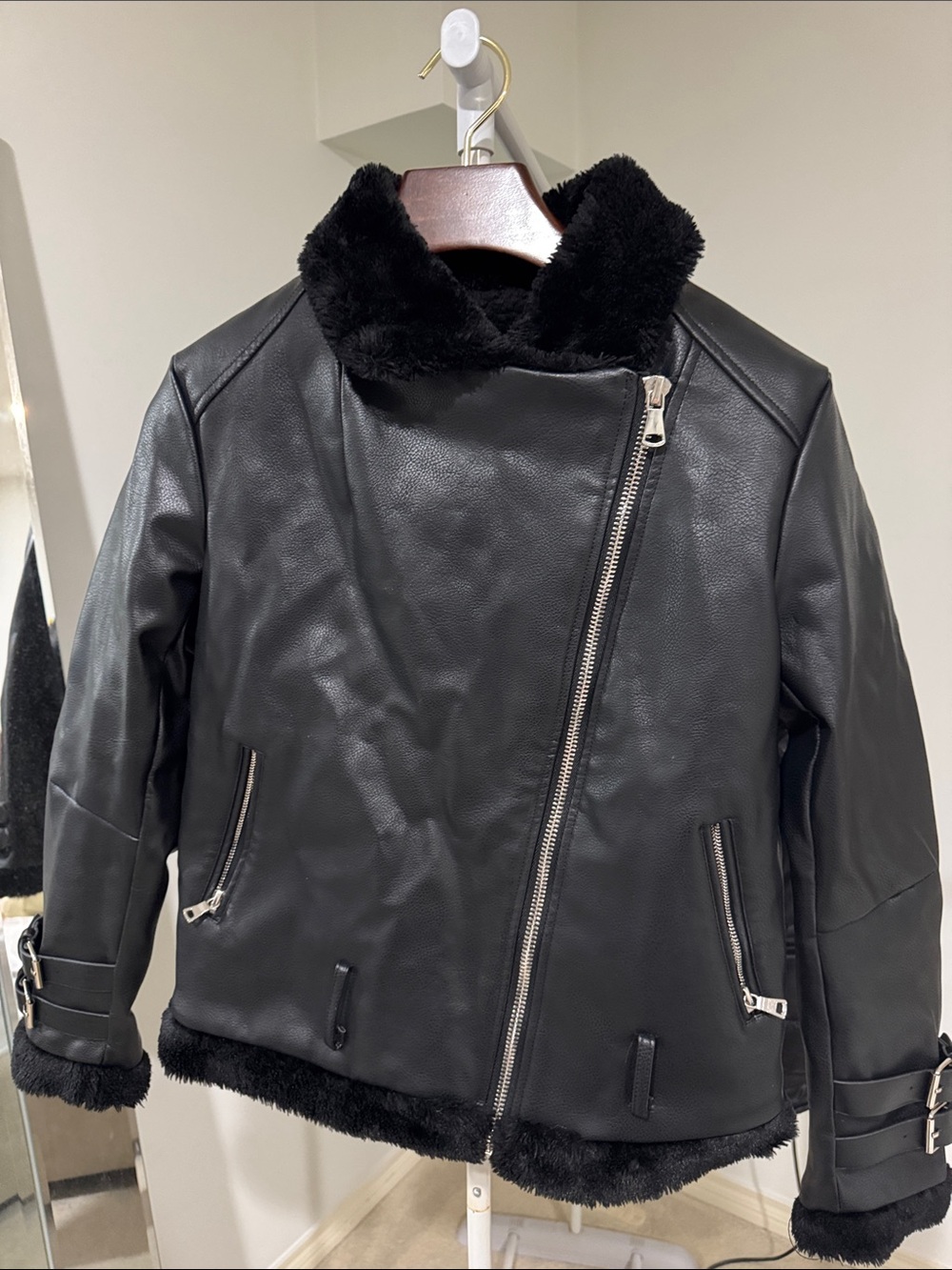 Maniere de Voir Black Faux Leather Shearling Jacket - Classic Biker Style